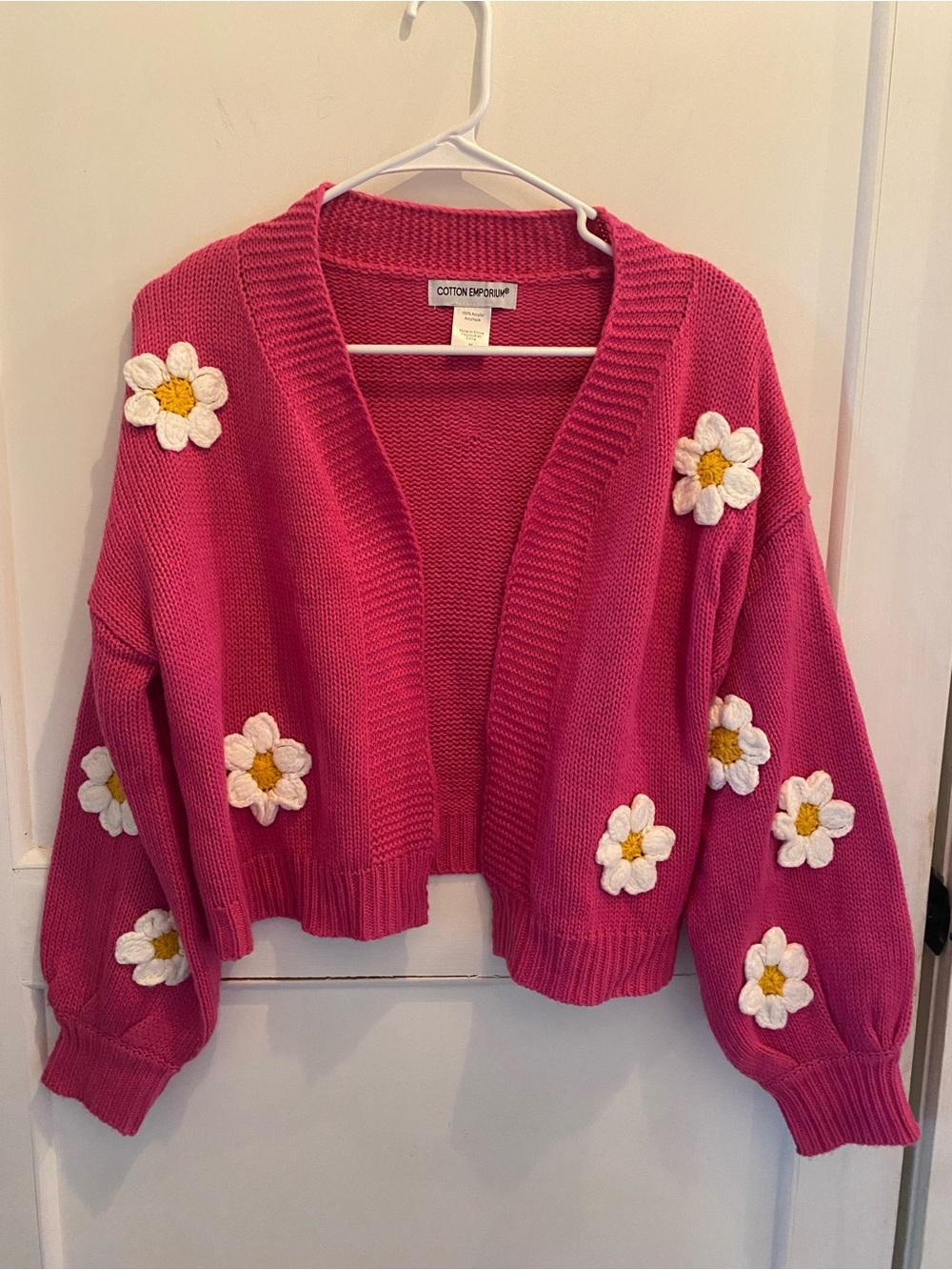 Cotton Emporium Hot Pink Daisy-Appliqué Cardigan